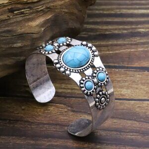 Blue Turquoise Bangle Bracelet Silver Plated Boho Retro Adjustable Cuff Bracelet